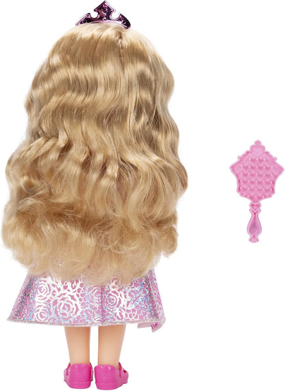 Disney Princess Aurora Puppe 35cm, reflektierende Glitzeraugen, bewegliche Gelenke, ausziehbares Kleid, Schuhe, Krone, langes Blondes Haar, für Mädchen ab 3 Jahren
