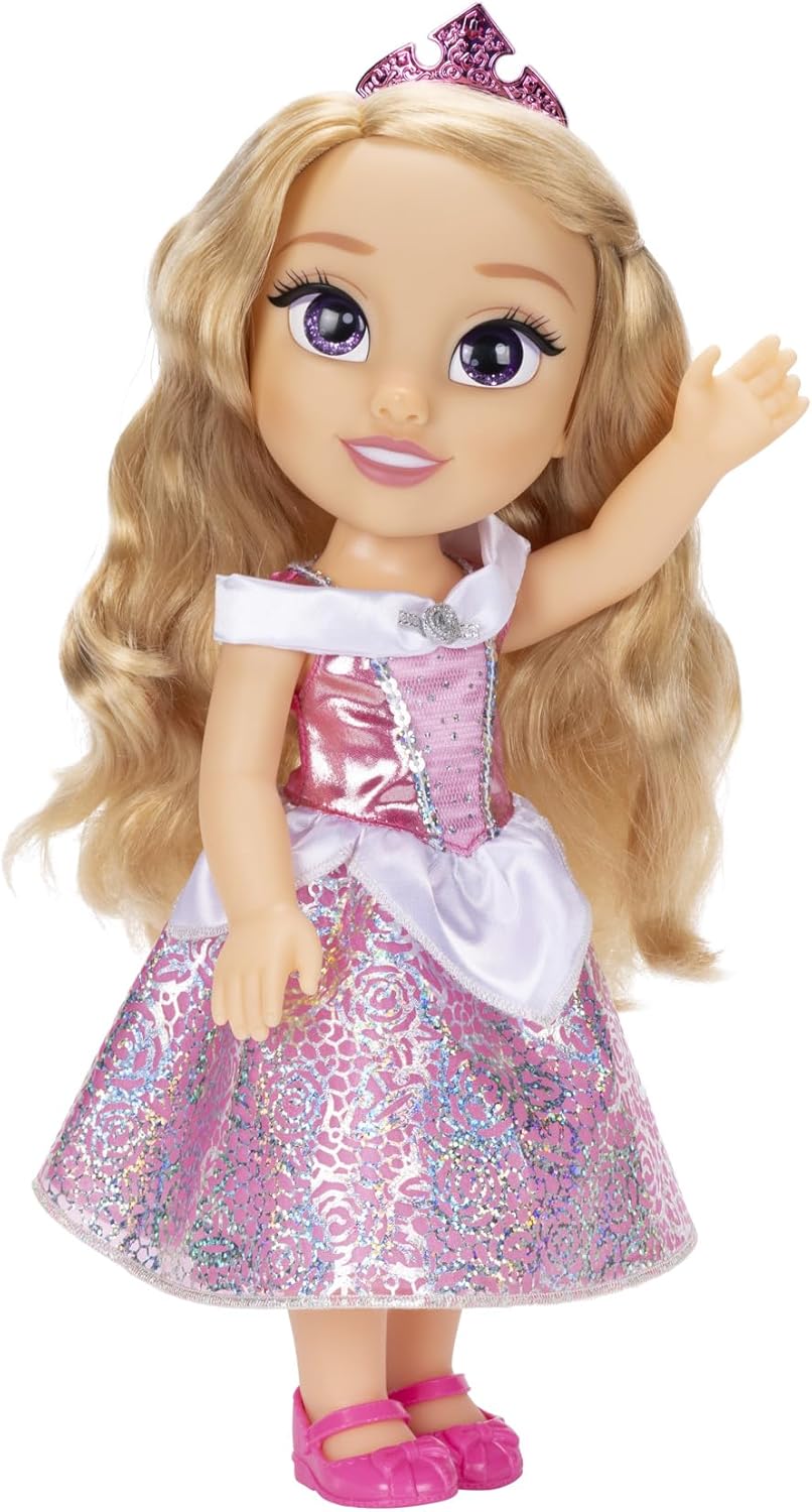 Disney Princess Aurora Puppe 35cm, reflektierende Glitzeraugen, bewegliche Gelenke, ausziehbares Kleid, Schuhe, Krone, langes Blondes Haar, für Mädchen ab 3 Jahren