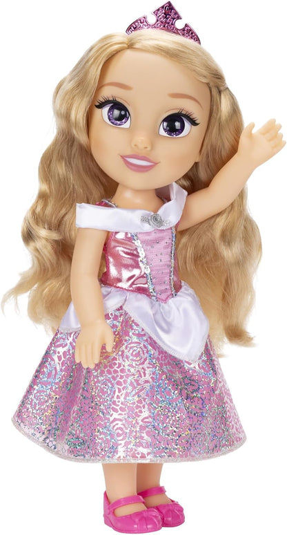 Disney Princess Aurora Puppe 35cm, reflektierende Glitzeraugen, bewegliche Gelenke, ausziehbares Kleid, Schuhe, Krone, langes Blondes Haar, für Mädchen ab 3 Jahren
