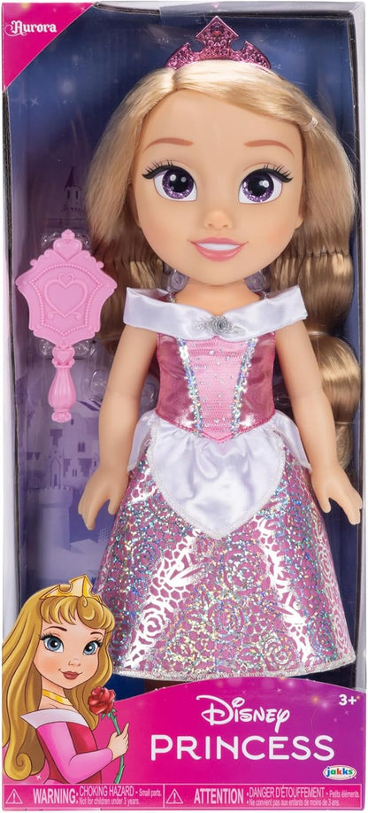 Disney Princess Aurora Puppe 35cm, reflektierende Glitzeraugen, bewegliche Gelenke, ausziehbares Kleid, Schuhe, Krone, langes Blondes Haar, für Mädchen ab 3 Jahren