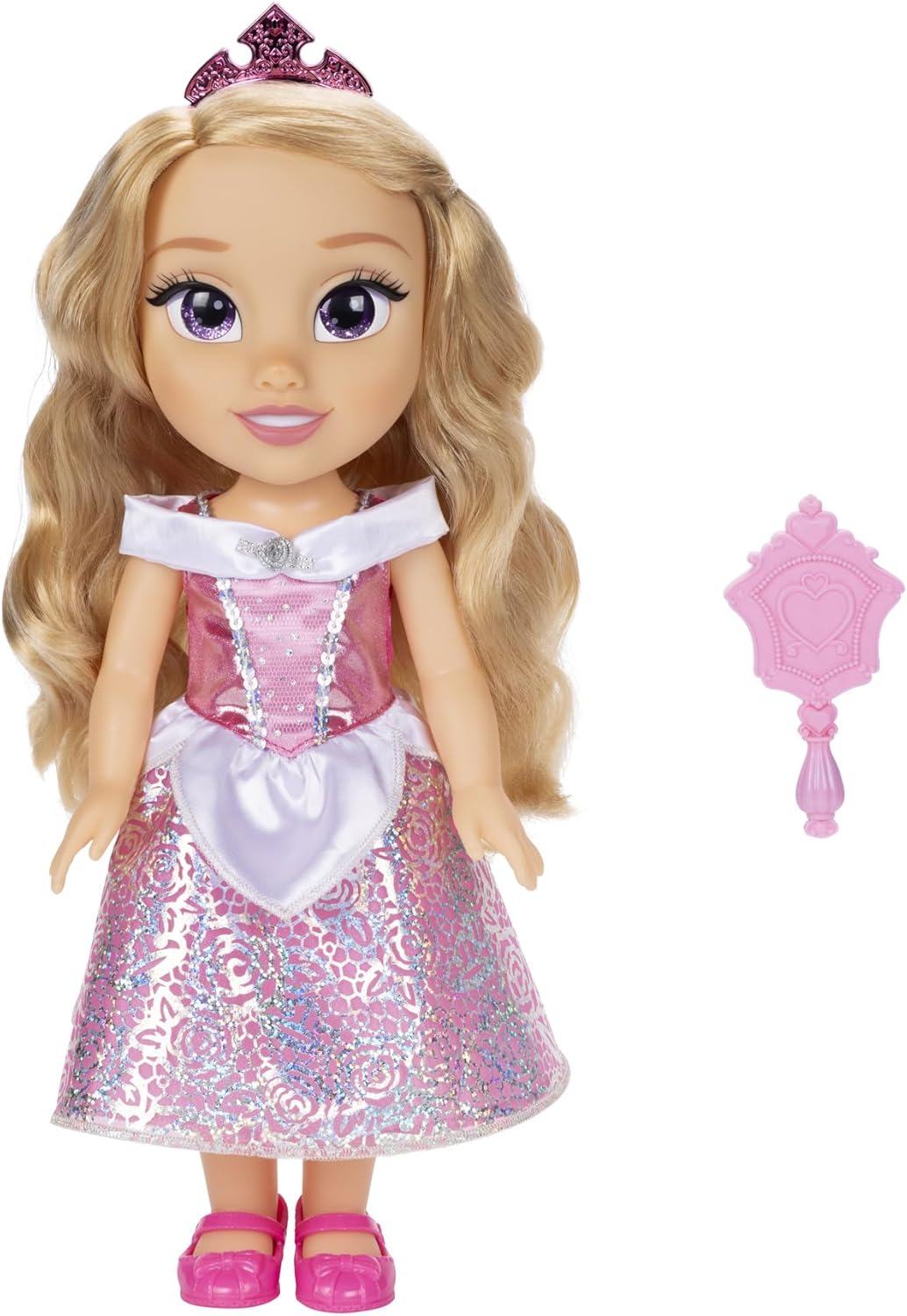 Disney Princess Aurora Puppe 35cm, reflektierende Glitzeraugen, bewegliche Gelenke, ausziehbares Kleid, Schuhe, Krone, langes Blondes Haar, für Mädchen ab 3 Jahren