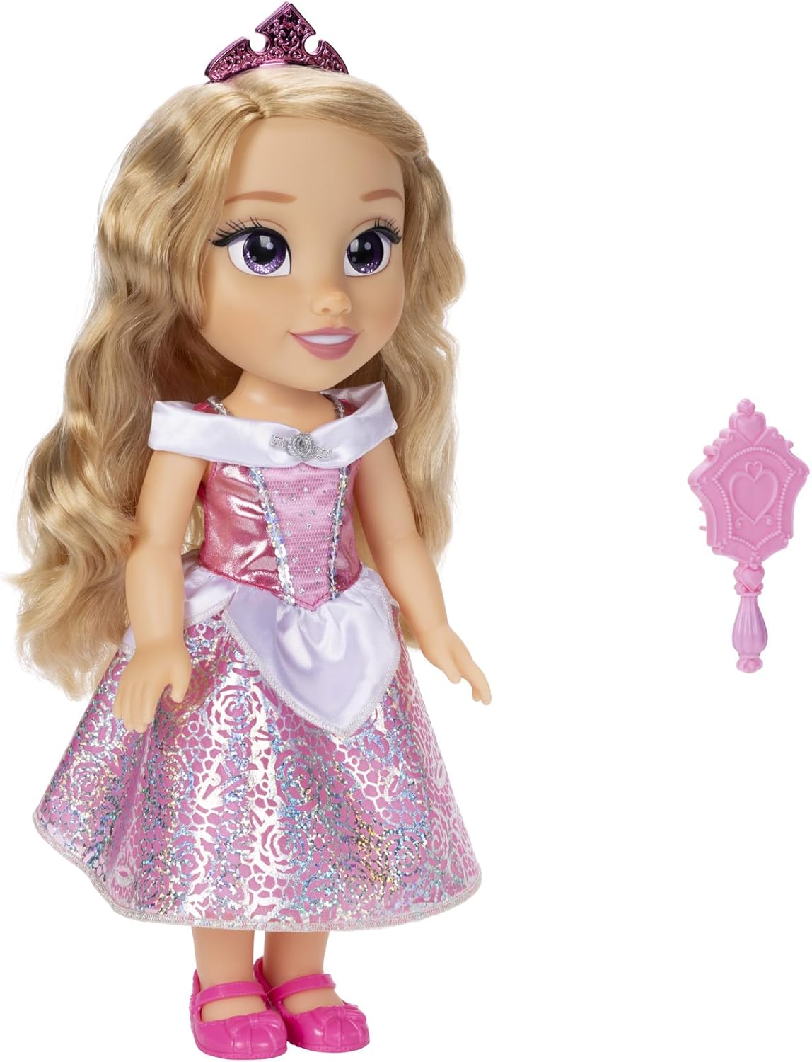 Disney Princess Aurora Puppe 35cm, reflektierende Glitzeraugen, bewegliche Gelenke, ausziehbares Kleid, Schuhe, Krone, langes Blondes Haar, für Mädchen ab 3 Jahren