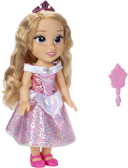 Disney Princess Aurora Puppe 35cm, reflektierende Glitzeraugen, bewegliche Gelenke, ausziehbares Kleid, Schuhe, Krone, langes Blondes Haar, für Mädchen ab 3 Jahren