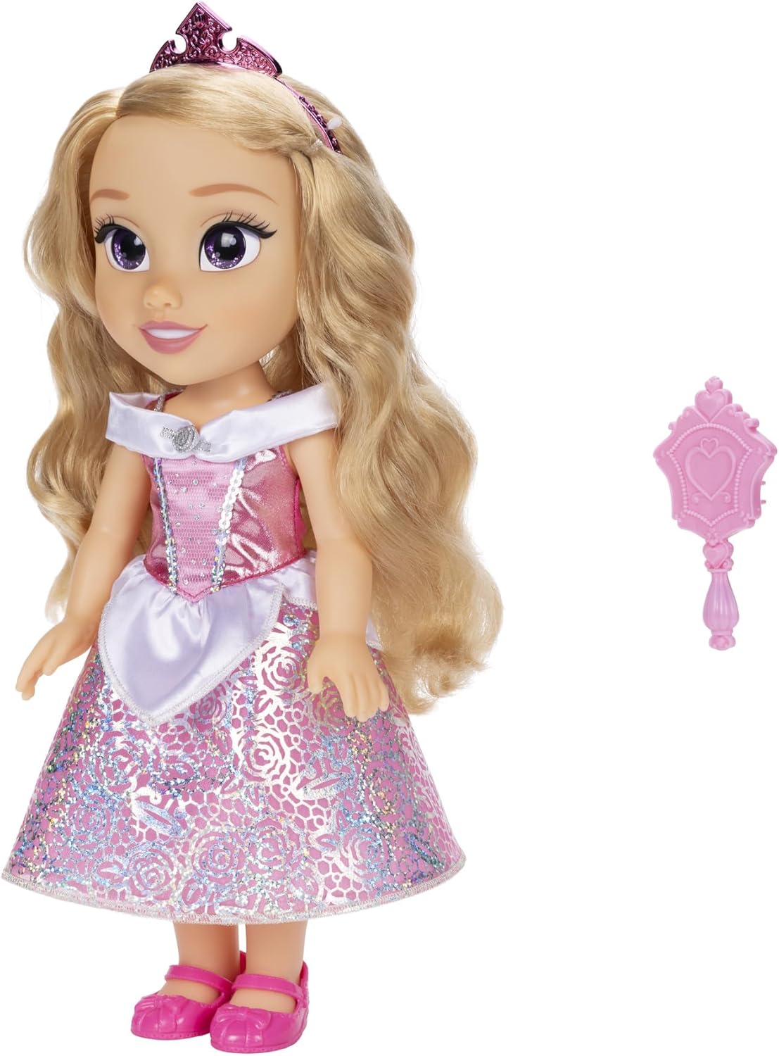 Disney Princess Aurora Puppe 35cm, reflektierende Glitzeraugen, bewegliche Gelenke, ausziehbares Kleid, Schuhe, Krone, langes Blondes Haar, für Mädchen ab 3 Jahren