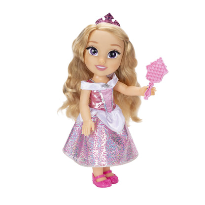 Disney Princess Aurora Puppe 35cm, reflektierende Glitzeraugen, bewegliche Gelenke, ausziehbares Kleid, Schuhe, Krone, langes Blondes Haar, für Mädchen ab 3 Jahren