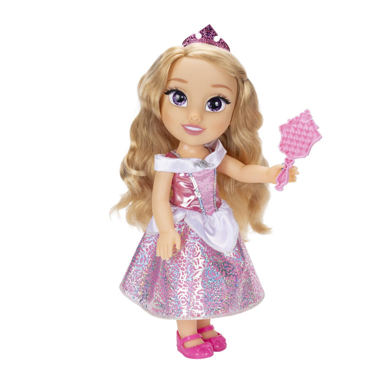 Disney Princess Aurora Puppe 35cm, reflektierende Glitzeraugen, bewegliche Gelenke, ausziehbares Kleid, Schuhe, Krone, langes Blondes Haar, für Mädchen ab 3 Jahren