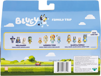 Bluey Figure 4-Pack, viaggio di famiglia, 2,5 pollici figure posizionabili di Bluey, Bingo, Bandito e Peperoncino, con accessori