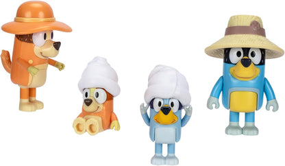 Bluey Figure 4-Pack, viaggio di famiglia, 2,5 pollici figure posizionabili di Bluey, Bingo, Bandito e Peperoncino, con accessori