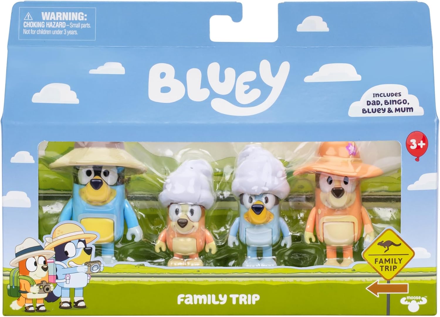 Bluey Figure 4-Pack, viaggio di famiglia, 2,5 pollici figure posizionabili di Bluey, Bingo, Bandito e Peperoncino, con accessori