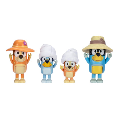 Bluey Figure 4-Pack, viaggio di famiglia, 2,5 pollici figure posizionabili di Bluey, Bingo, Bandito e Peperoncino, con accessori
