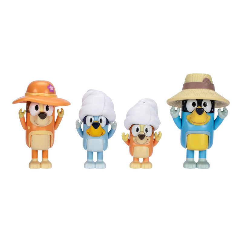 Bluey Figure 4-Pack, viaggio di famiglia, 2,5 pollici figure posizionabili di Bluey, Bingo, Bandito e Peperoncino, con accessori