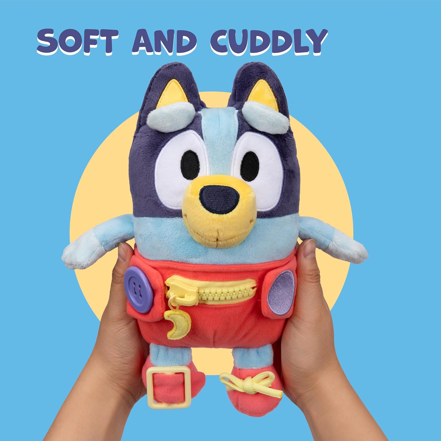 BlueY Anziehspaß Baby, Anziehen von Baby trainiert feinmotorische Fähigkeiten, superweiche, 25,4 cm große Plüschfigur mit Knöpfen, Reißverschluss, Schnalle und Schnürsenkeln.
