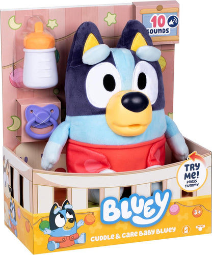 Bluey Baby verwöhnt und pflegt, füttert und beruhigt Baby, elektronisches Plüschtier 28 cm mit 10 verschiedenen Babygeräuschen, 2 Zubehörteilen und herausnehmbarer Windel