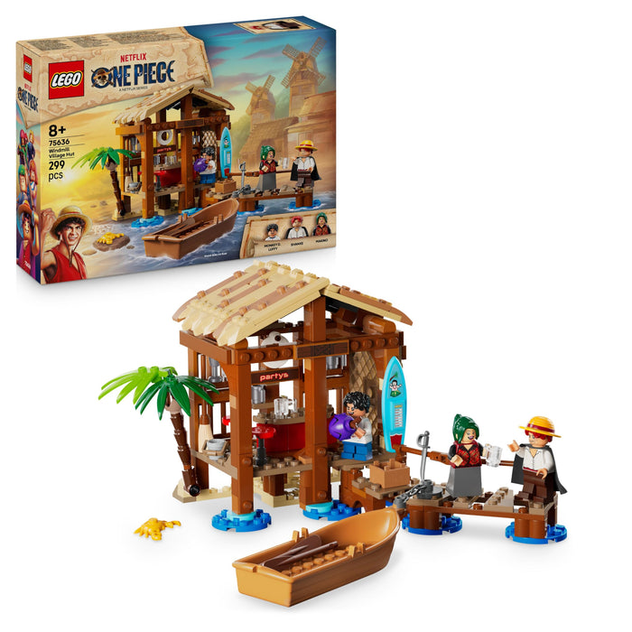 LEGO ONE PIECE Windmill Village Hut Toy with a Boat, Young Luffy, Shanks & Makino Minifigures plus Accessories incl. a Wanted Poster - Anime Gift for 8+ Year Old Boys, Girls & Fans - 75636