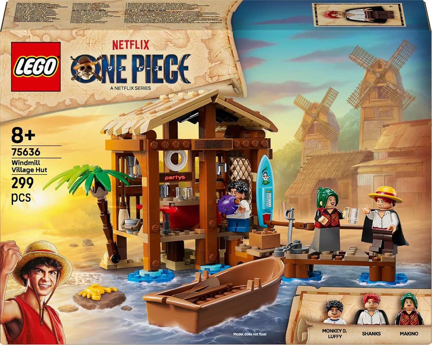 LEGO ONE PIECE Windmill Village Hut Toy with a Boat, Young Luffy, Shanks & Makino Minifigures plus Accessories incl. a Wanted Poster - Anime Gift for 8+ Year Old Boys, Girls & Fans - 75636