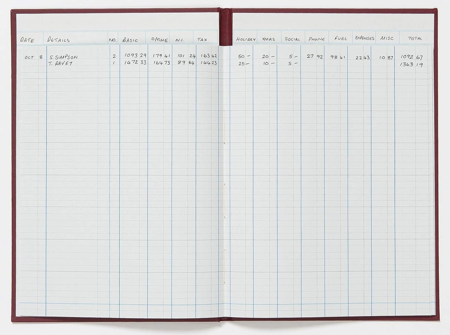 Exacompta - Ref 38/12Z - Guildhall - Headliner Case bound Hardback Account Book, 298 x 203mm, 12 Cash Column, 80 Pages, Tamper-Proof, Precision Ruled 95gsm Ledger Paper - Burgundy