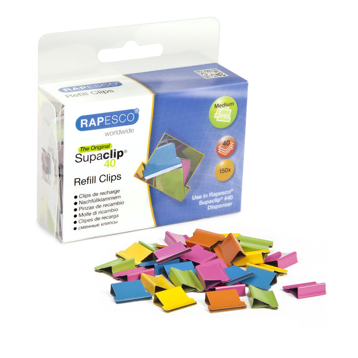 Rapesco CP15040M Supaclip 40 Refill Clips, Assorted Colours, Pack of 150