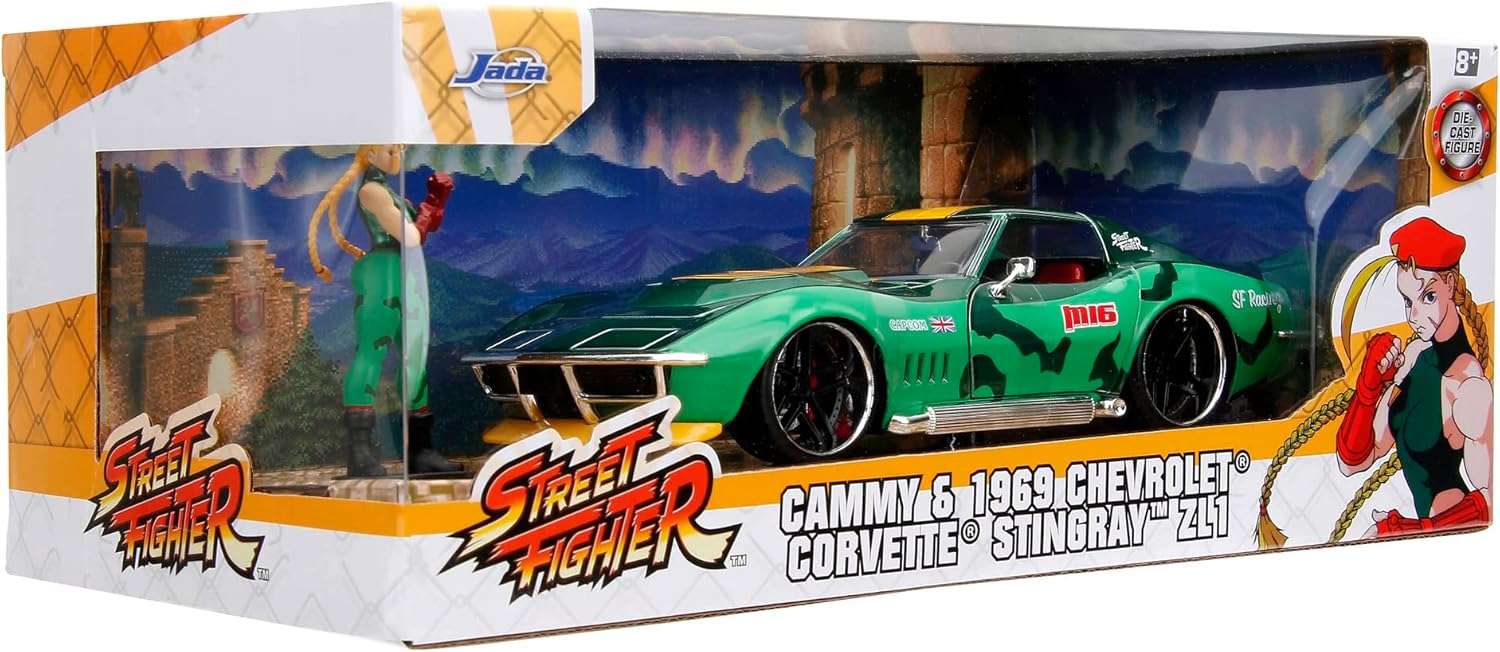 Jada - Street Fighter II, Cammy Chevrolet 1969 Corvette, Scala 1:24, Metallo, Rotelle, Apertura delle porte e Figura di Cammy (253255061