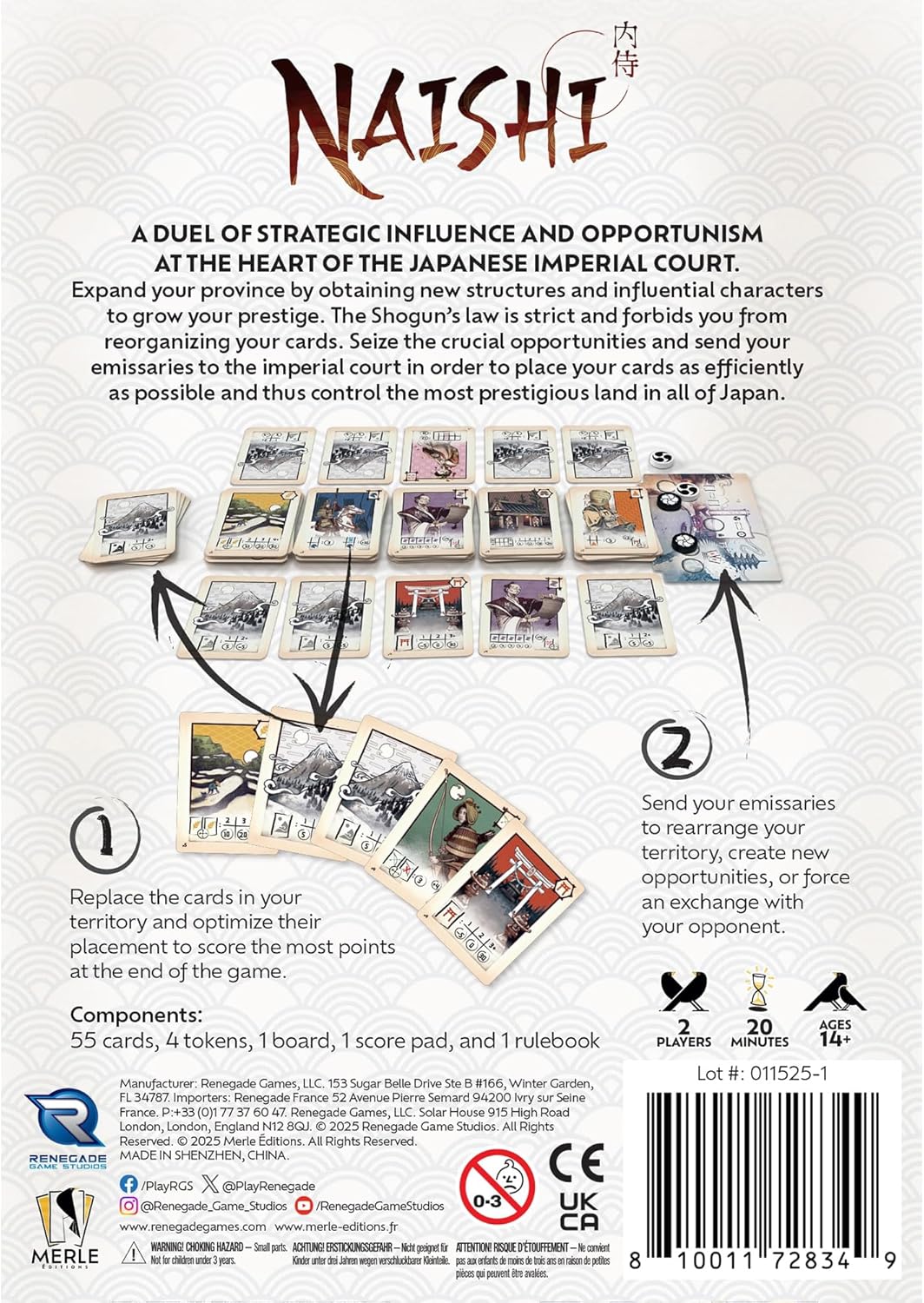 Renegade Games : Naishi Jeu de cartes de gestion de la main, duel stratégique au cœur de la cour impériale japonaise, contrôle du territoire, à partir de 14 ans, 2 joueurs
