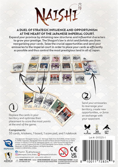 Renegade Games : Naishi Jeu de cartes de gestion de la main, duel stratégique au cœur de la cour impériale japonaise, contrôle du territoire, à partir de 14 ans, 2 joueurs