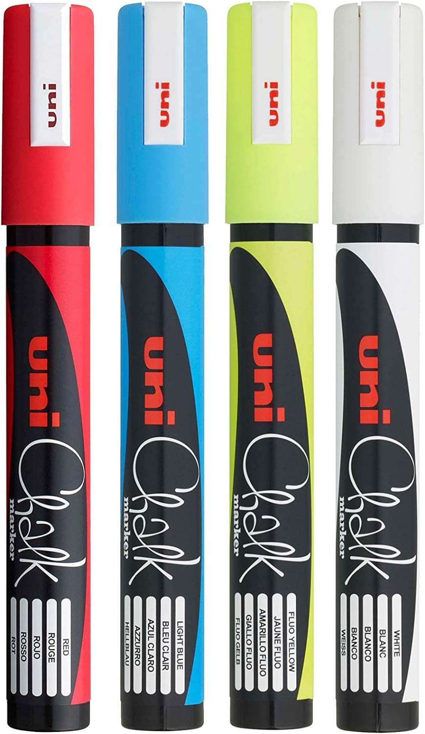 Uni-Ball PWE-5M Liquid Chalk Marker Pens. Multi-Purpose Wipeable Coloured Markers for Blackboards, Chalkboards, Whiteboards, Glass, Mirrors, Plastic, Windows, Metal. Non-Toxic. Bullet Tip. Pack Of 4