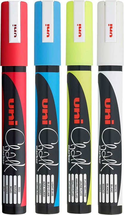 Uni-Ball PWE-5M Liquid Chalk Marker Pens. Multi-Purpose Wipeable Coloured Markers for Blackboards, Chalkboards, Whiteboards, Glass, Mirrors, Plastic, Windows, Metal. Non-Toxic. Bullet Tip. Pack Of 4