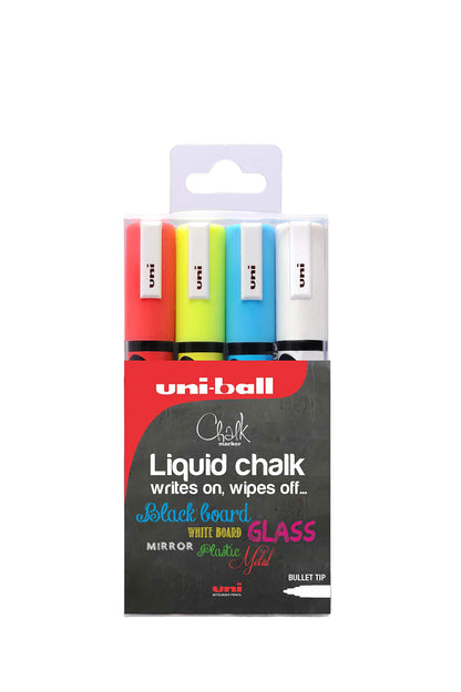 Uni-Ball PWE-5M Liquid Chalk Marker Pens. Multi-Purpose Wipeable Coloured Markers for Blackboards, Chalkboards, Whiteboards, Glass, Mirrors, Plastic, Windows, Metal. Non-Toxic. Bullet Tip. Pack Of 4