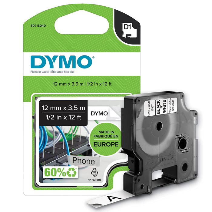 DYMO D1 Labels, 12 mm x 3.5 m Roll, Black Print on White, Self-Adhesive Labels for LabelManager Label Printers, Authentic