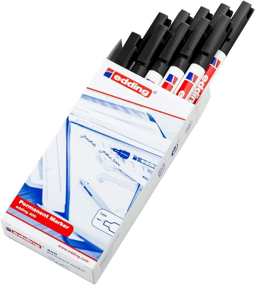 edding 400 permanent marker - black - 10 pens - fine round tip 1 mm - waterproof, quick-drying, smear-proof pens - for cardboard, plastic, wood, metal, glass and fabric