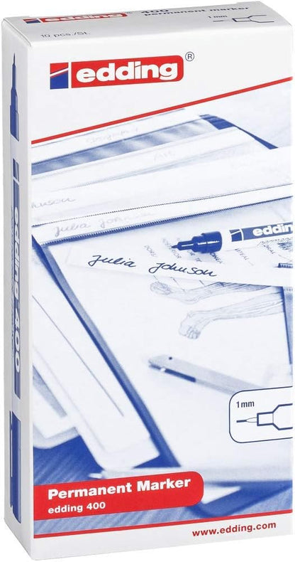 edding 400 permanent marker - black - 10 pens - fine round tip 1 mm - waterproof, quick-drying, smear-proof pens - for cardboard, plastic, wood, metal, glass and fabric