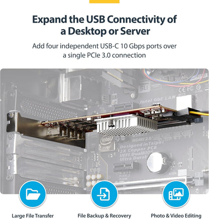 StarTech.com Carte PCIe USB-C 4 Ports, USB 3.2 10 Gbps, Carte d'Extension PCI Express, 4 Contrôleurs Indépendants