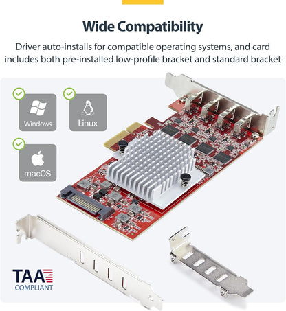 StarTech.com Carte PCIe USB-C 4 Ports, USB 3.2 10 Gbps, Carte d'Extension PCI Express USB-C, 4 Contrôleurs USB Indépendants