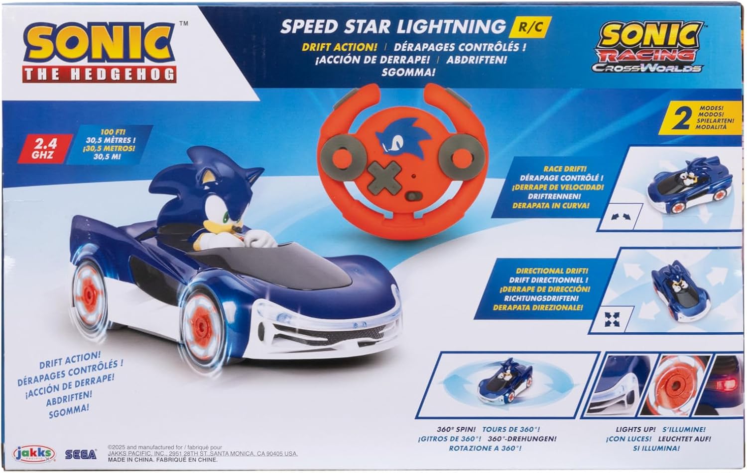 Sonic The Hedgehog - JAKKS Pacific – Ferngesteuertes Fahrzeug Sonic Drift mit Lichteffekten – offizielles Lizenzprodukt des Videospiels – interaktives ferngesteuertes Spielzeug für Kinder Sonic Fans