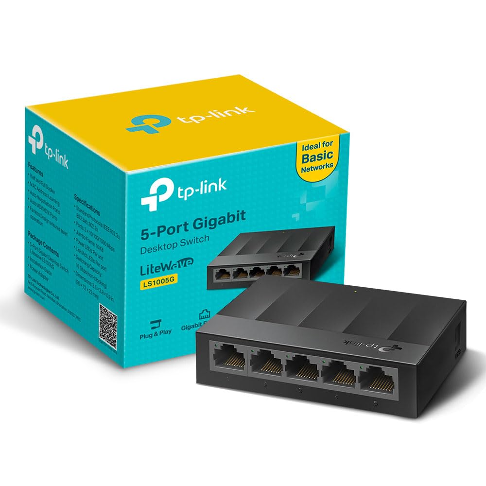 TP-Link LS1005G 5-Port Gigabit Network Switch, Desktop/Wallmount Ethernet Splitter, Plug and Play, Power Saving, Fanless design, IEEE 802.3X, Auto-MDI/MDIX, Perfect for Home/Office/Surveillance