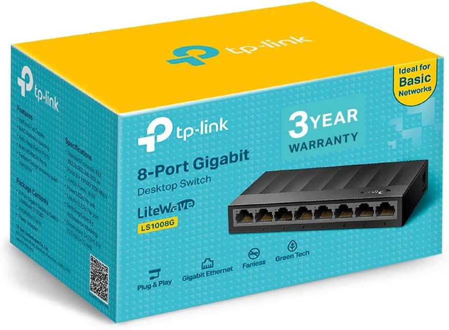 TP-Link LS1008G 8-Port Gigabit Network Switch, Desktop/Wallmount Ethernet Splitter, Plug and Play, Power Saving, Fanless design, Perfect for Home/Office/Surveillance