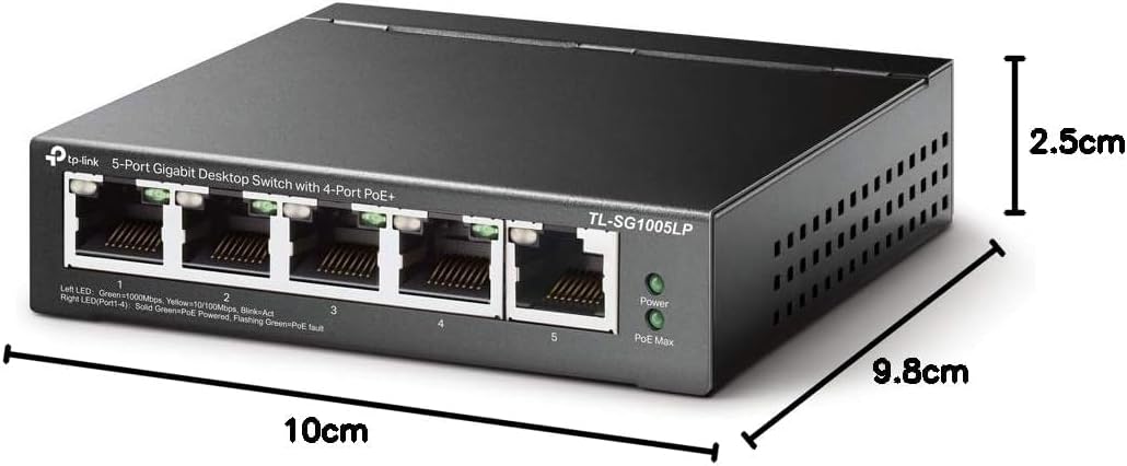 TP-Link TL-SG1005LP 5 Port Gigabit PoE Switch, 4× Gigabit PoE+ Ports, 802.3af/at 30W, 40W Total Budget, Network switch, Power Saving, Plug & Play, Metal Case, Ethernet Switch, Ethernet Splitter
