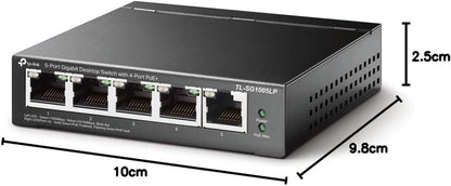 TP-Link TL-SG1005LP 5 Port Gigabit PoE Switch, 4× Gigabit PoE+ Ports, 802.3af/at 30W, 40W Total Budget, Network switch, Power Saving, Plug & Play, Metal Case, Ethernet Switch, Ethernet Splitter