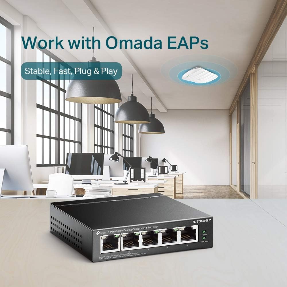 TP-Link TL-SG1005LP 5 Port Gigabit PoE Switch, 4× Gigabit PoE+ Ports, 802.3af/at 30W, 40W Total Budget, Network switch, Power Saving, Plug & Play, Metal Case, Ethernet Switch, Ethernet Splitter