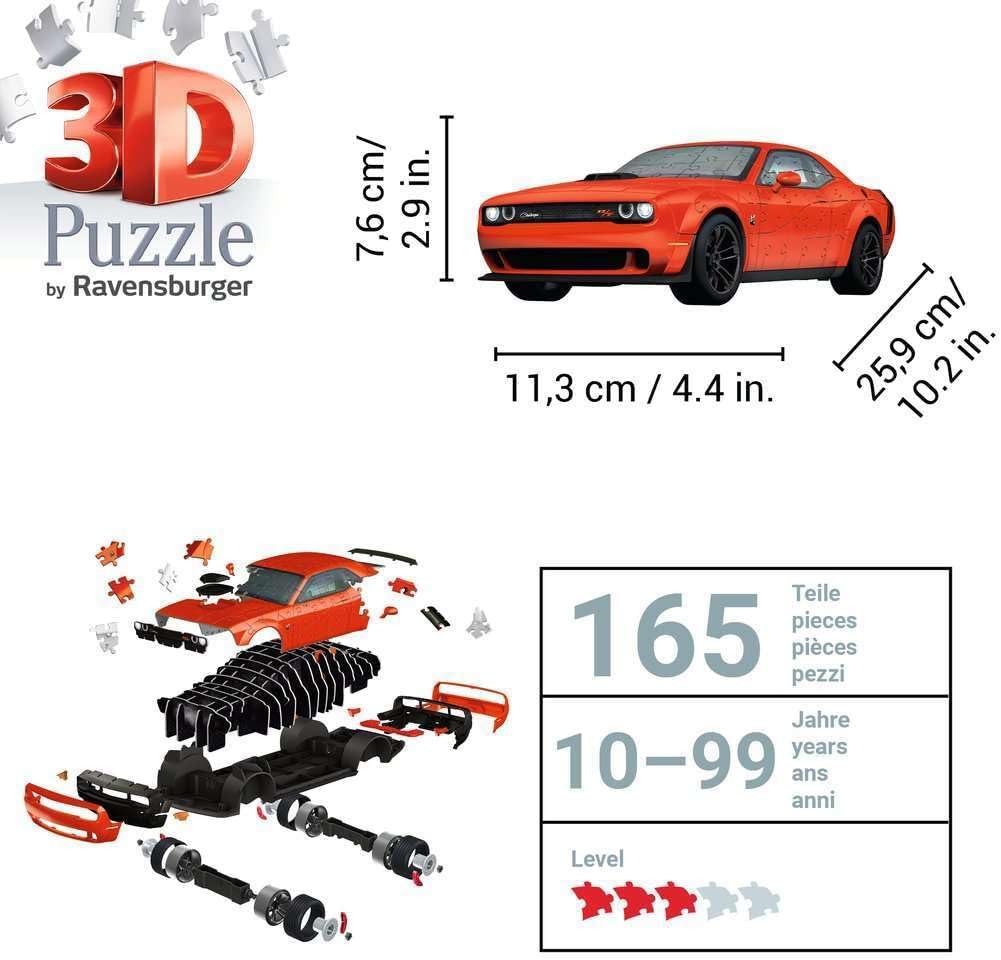 Ravensburger 3D Puzzle 11284 - Dodge Challenger R/T Scat Pack Widebody - Het icoon onder de muscle cars als 3D-puzzelauto - voor muscle car-fans van 10 jaar en ouder: Beleef puzzels in de 3e dimensie