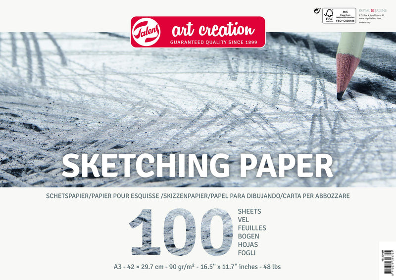 Talens Art Creation Paper - Schetsblok - 100 Vellen - A3 (42x29,7cm) - 90g/m² - Micro-geperst Papier - Ringgebonden - Ideaal voor Tekenen