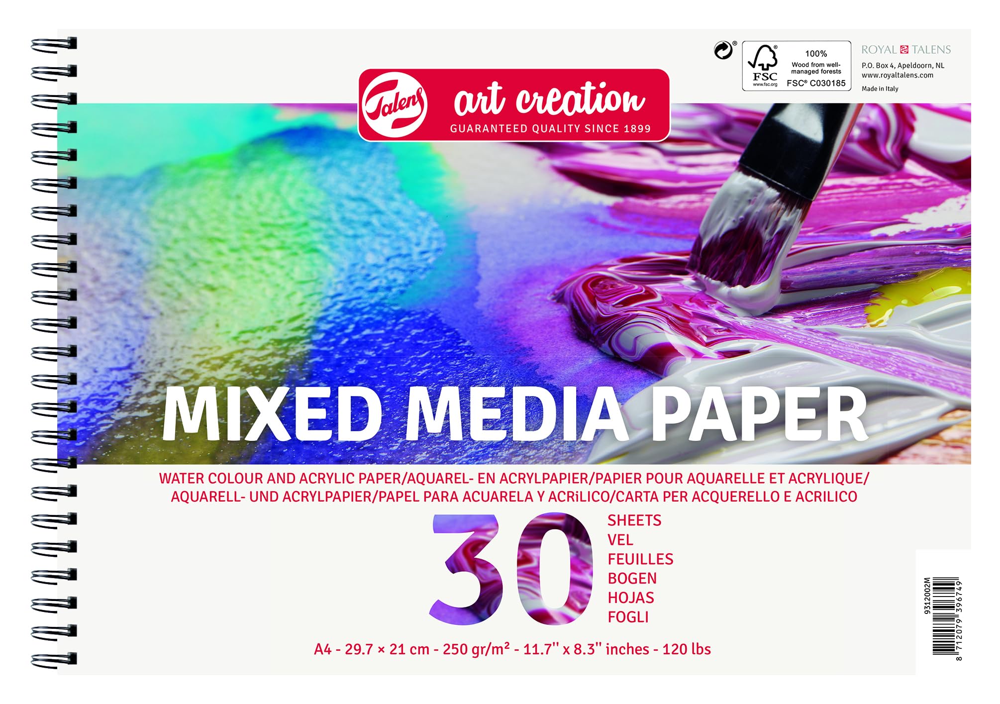 Talens Art Creation Paper - A4 Mixed Media Paper - 250gsm - 30 Vellen - Ringgebonden - Geperforeerd - Ideaal voor Acryl & Aquarelverf