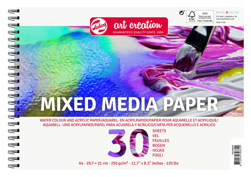Talens Art Creation Paper - A4 Mixed Media Paper - 250gsm - 30 Vellen - Ringgebonden - Geperforeerd - Ideaal voor Acryl & Aquarelverf