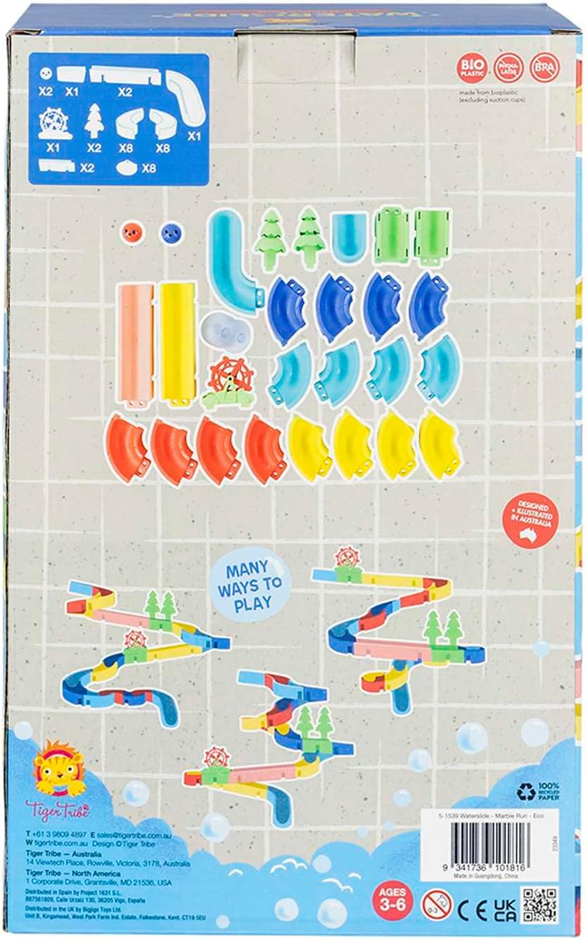 Tiger Tribe ECO marmeren waterglijbaan - 35 stuks badglijspeelgoed voor peuters en kinderen, interactief waterspeelgoed, cadeaus voor peuters en kinderen, duurzaam gemaakt met bioplastic, leeftijd 3 +