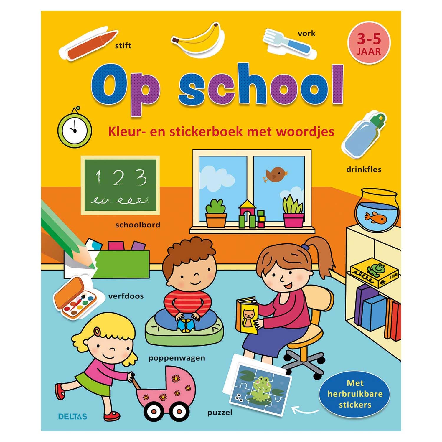 Kleur-en stickerboek met woordjes - Op school (3-5 j.