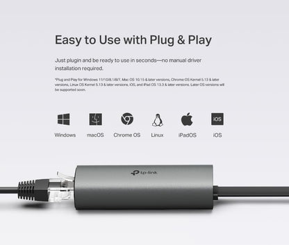 TP-Link UE302C USB C to Ethernet Adapter, 2.5 Gigabit Ethernet to USB C 3.0 Adapter, Multi-Gigabit Connection, Universal Compatibility, Scratch Resistant, Self-Storage, Plug & Play