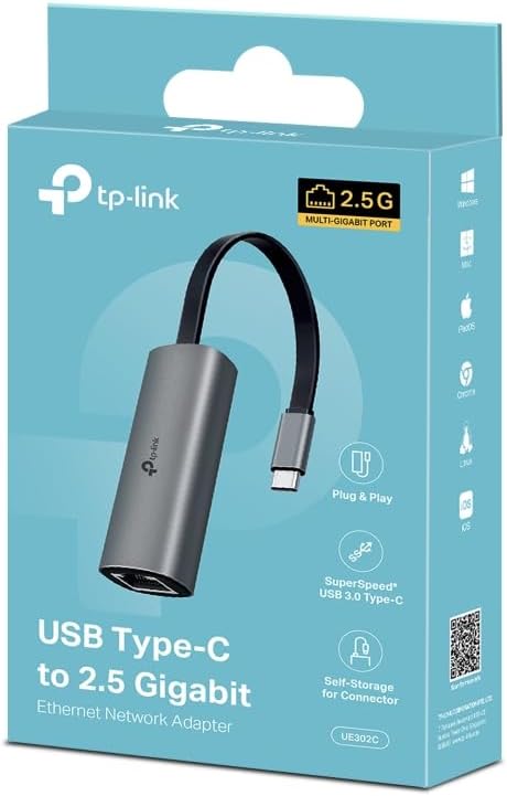 TP-Link UE302C USB C to Ethernet Adapter, 2.5 Gigabit Ethernet to USB C 3.0 Adapter, Multi-Gigabit Connection, Universal Compatibility, Scratch Resistant, Self-Storage, Plug & Play