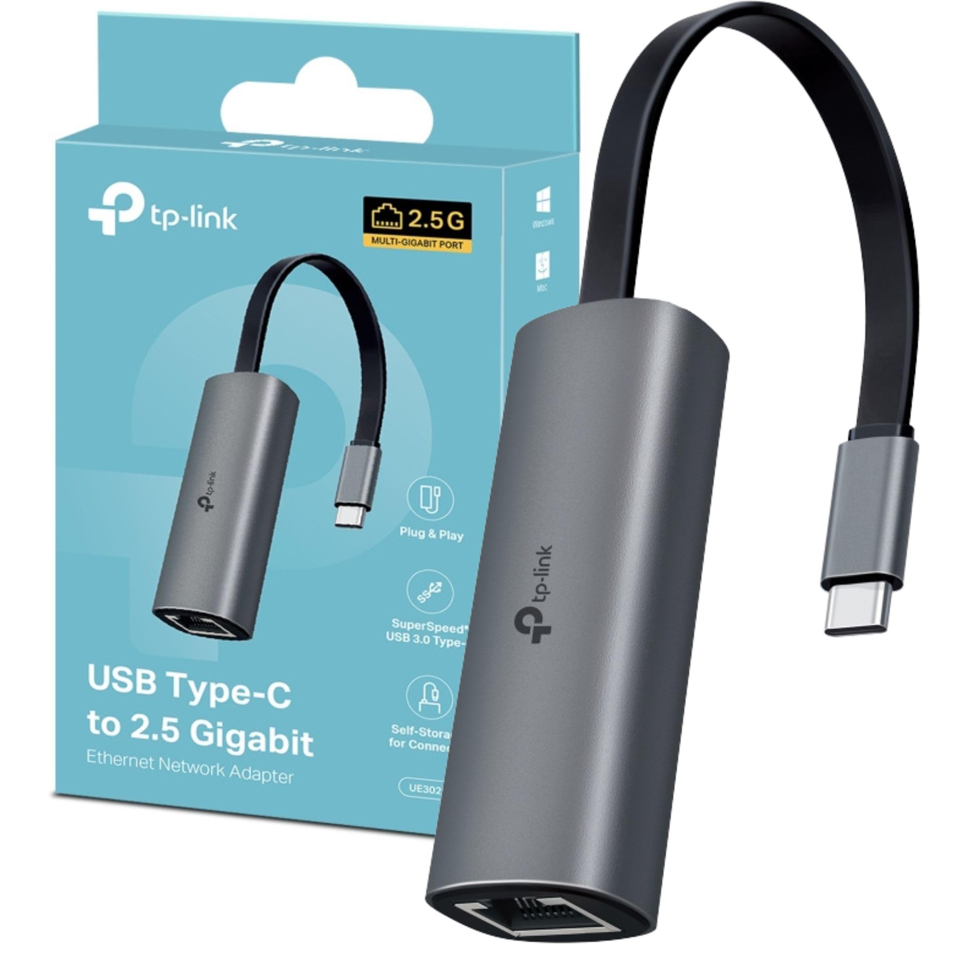 TP-Link UE302C USB C to Ethernet Adapter, 2.5 Gigabit Ethernet to USB C 3.0 Adapter, Multi-Gigabit Connection, Universal Compatibility, Scratch Resistant, Self-Storage, Plug & Play