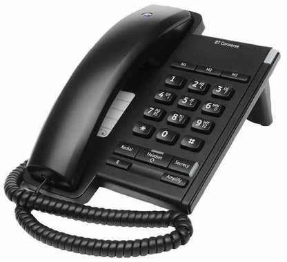 BT Converse 2100 Corded Landline House Phone, Home Phone, 3 Quick Dial Buttons, Headset Socket, Black