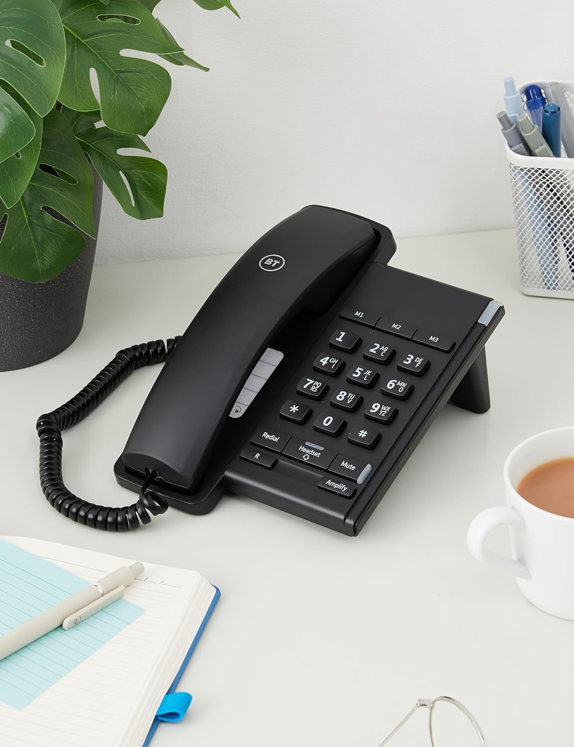 BT Converse 2100 Corded Landline House Phone, Home Phone, 3 Quick Dial Buttons, Headset Socket, Black
