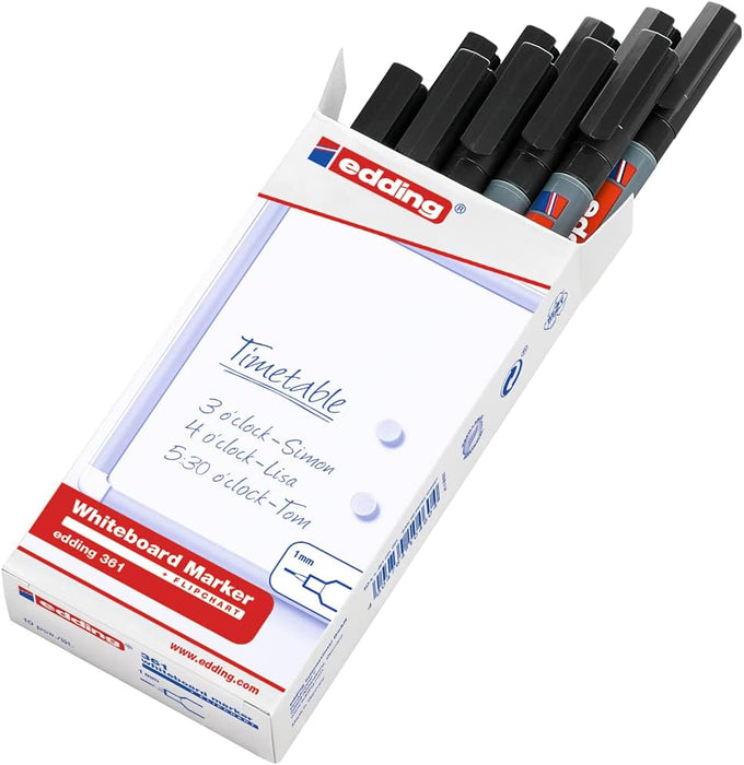 edding 361 whiteboard marker - black - 10 whiteboard pens - round tip 1 mm - whiteboard pen dry wipe - for whiteboards, flipcharts, pinboards, magnetic and memo boards - sketchnotes - refillable
